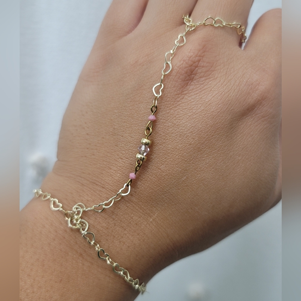 Gold Filled Hand Chain, Bracelet/Ring HEARTS, Faceted Pink Bead/ Artisan -NWOT